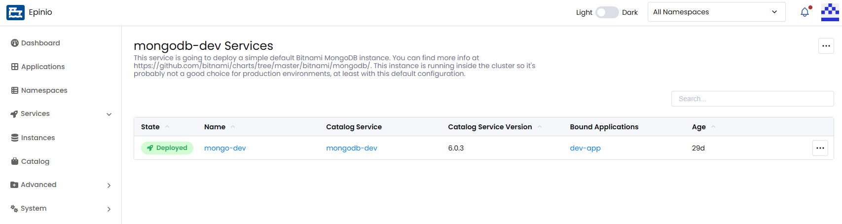 View of the Catalog Service Details screen
